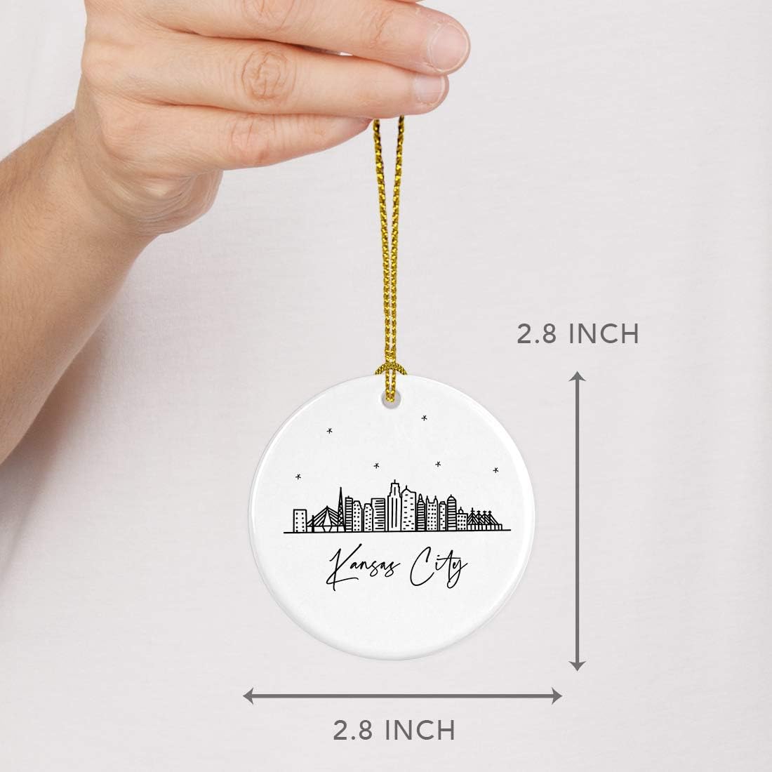 Andaz Press Round Ceramic Porcelain Christmas Tree Ornament, Kansas City Black and White Stars Skyline Graphic, 1-Pack, Birthday Family Coworker Gift, Includes Box