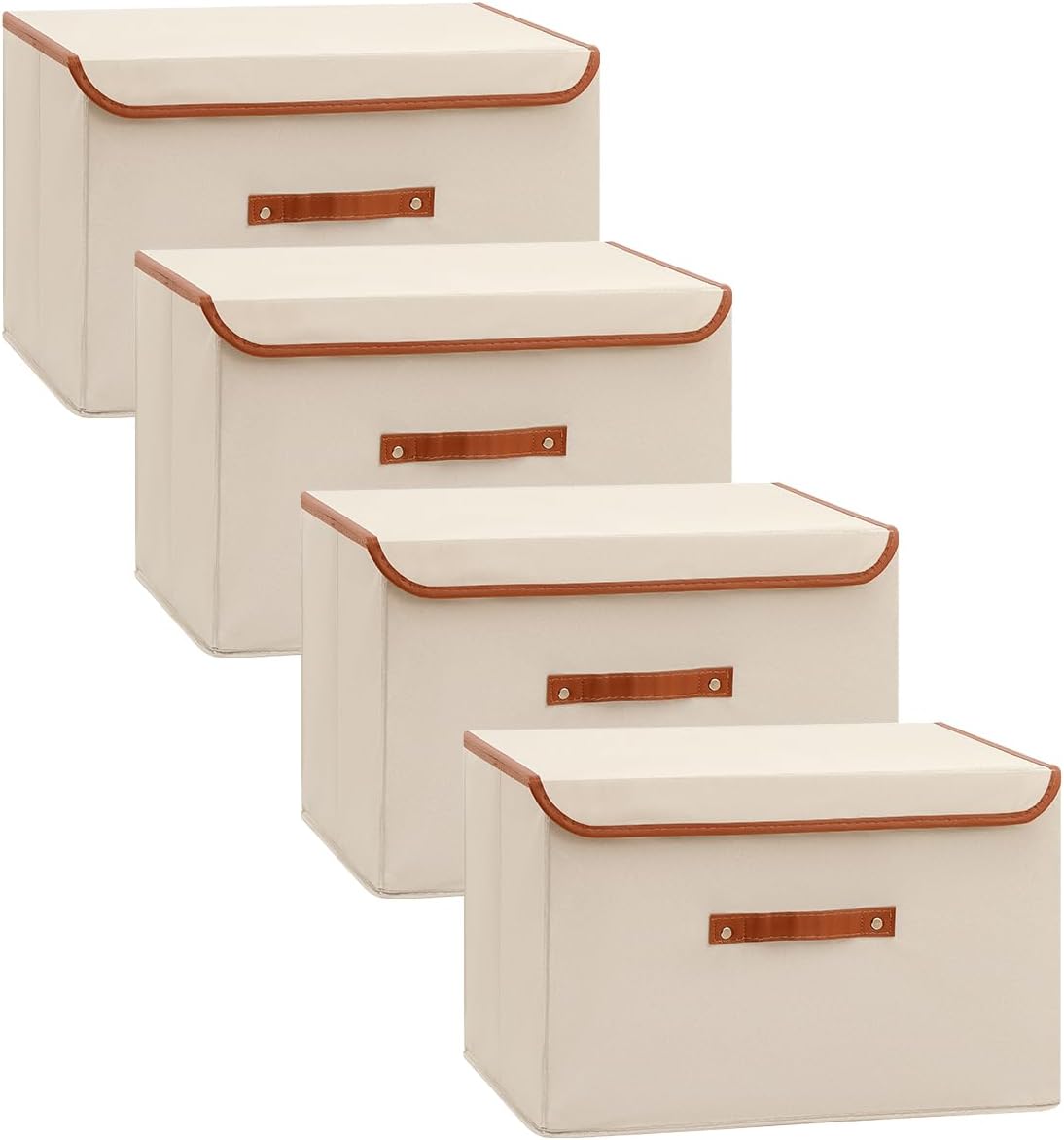Tuza 4 Pack Large Fabric Storage Bins with Lids, Foldable Storage Boxes with Lids for Organizing, Decorative Storage Boxes with Handles for Home, Bedroom, Closet, Office(Khaki, Large)
