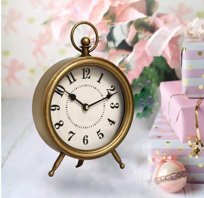 Vintage Table Clock on Stand, Decorative Desk and Shelf Clock Farmhouse Mantel Non-Ticking Clock Rustic Metal Frame with Antique Gold Finish