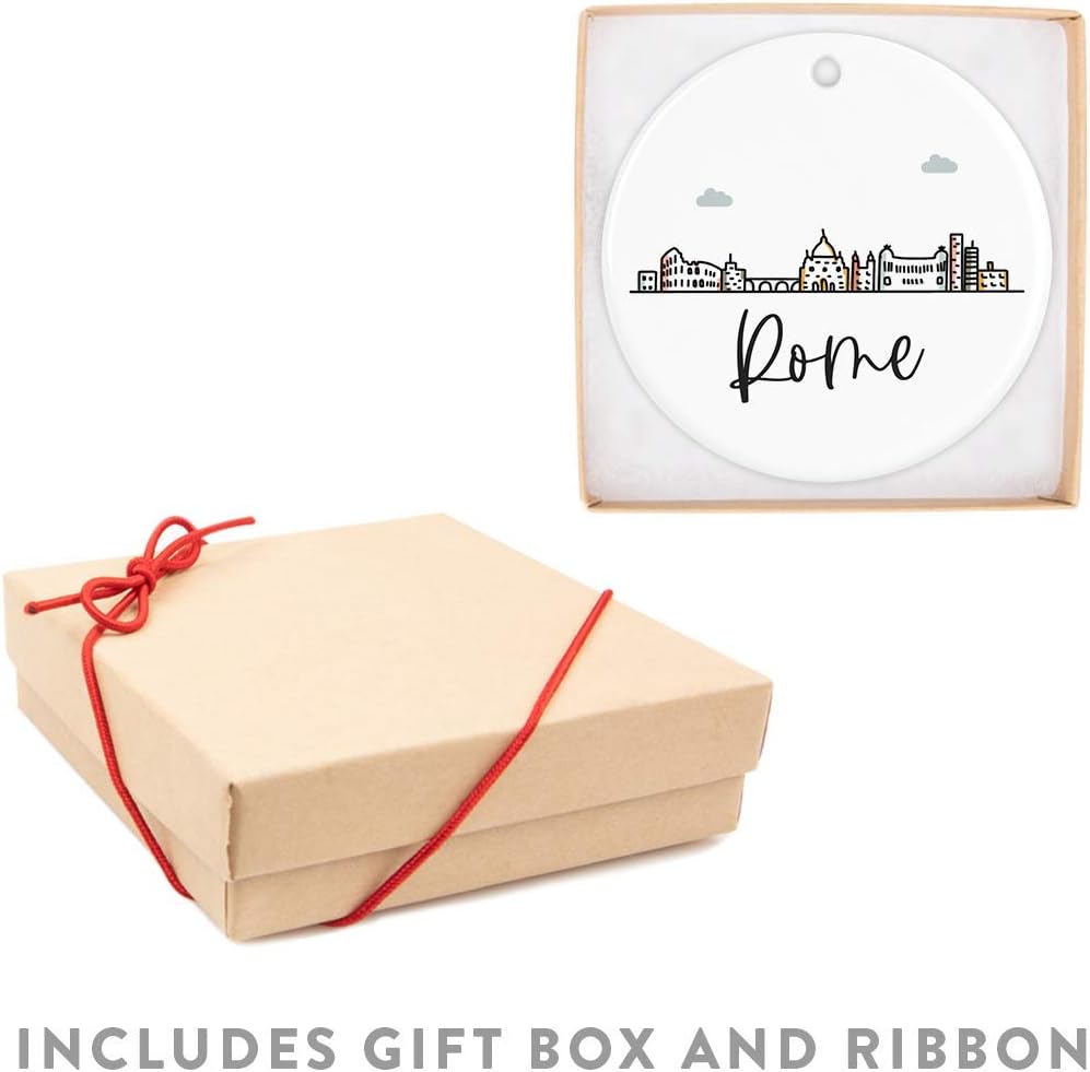 Andaz Press Round Ceramic Porcelain Christmas Tree Ornament Keepsake Gift, Rome, Colorful International City Skyline Graphic, 1-Pack, Birthday Ideas Family Coworker Him Her, Gift Box