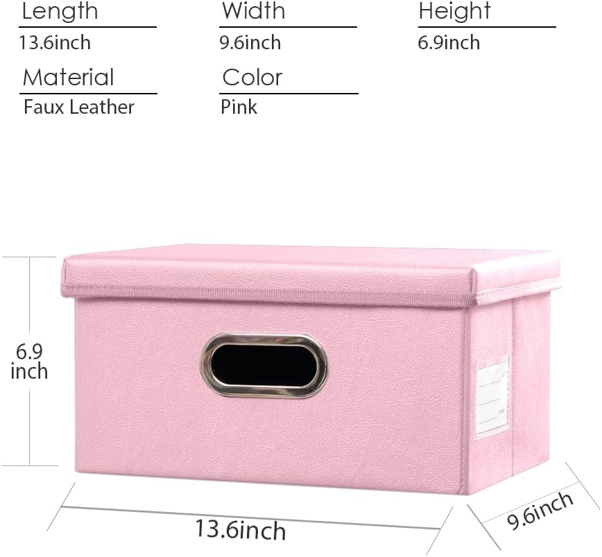 PRANDOM Collapsible Storage Box with Lid [1-Pack] Leather Fabric Foldable Storage Bin Organizer Container Basket Cube with Cover for Home Bedroom Closet Office Nursery Pink (13.6x9.6x6.9)