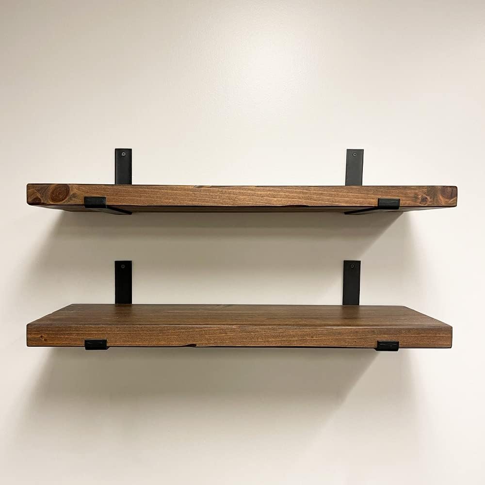 Rustic Shelves with J-Brackets Set of 2, Industrial Shelf, Kitchen Shelves, Solid Wood, Decorative Wall Storage, Heavy Duty, URBANDI (Provincial, 24Wx8D)