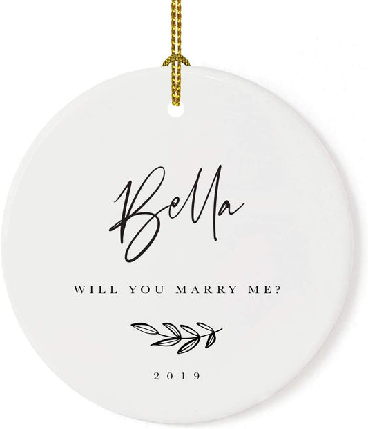 Andaz Press Personalized Engagement Proposal Round Ceramic Porcelain Christmas Tree Ornament Keepsake Gift, Olivia Will You Marry Me?, Antique Handdrawn, 1-Pack Will You Marry Me Christmas Ornament