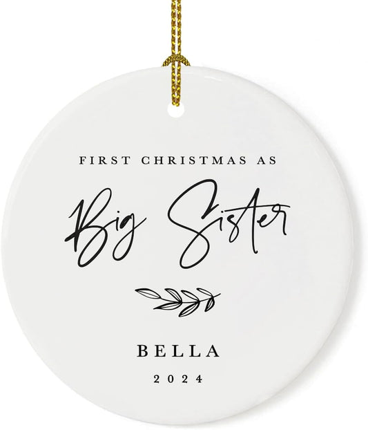 Andaz Press Personalized Sibling Round Ceramic Porcelain Christmas Tree Ornament Keepsake Collectible Gift, First Christmas as Big Sister Annabelle 2024, Antique Handdrawn, 1-Pack