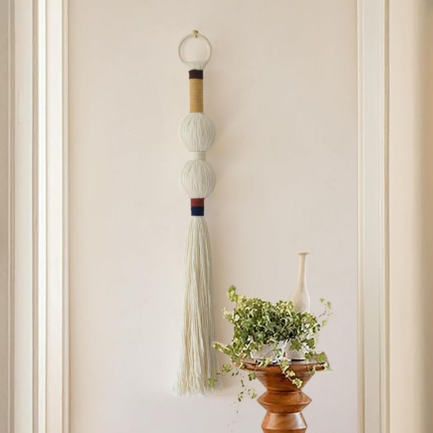 Macrame Wall Hanging Boho Decor Yarn Wall Art Small Sphericity Cotton Textile Tassel Hanging Fiber Art for Living Room Bedroom 27'' L x 2.3'' W