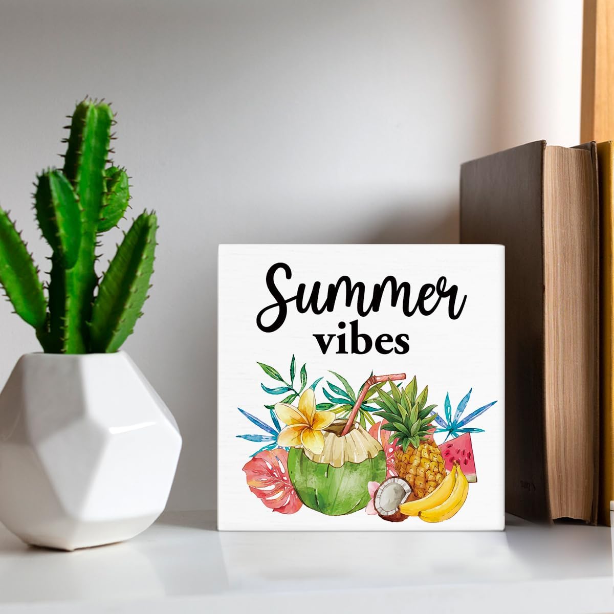 Oqtumes Summer Vibes Decorations Fruit Wooden Sign Rustic Home Decor 5 x 5 Inches