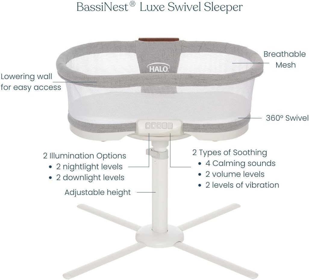 HALO BassiNest Luxe Swivel Sleeper - Over-Bed Baby Bassinet with 360° Rotation, Vibrations, White Noise, and Safe Close-Sleeping Design, Dove Grey Tweed