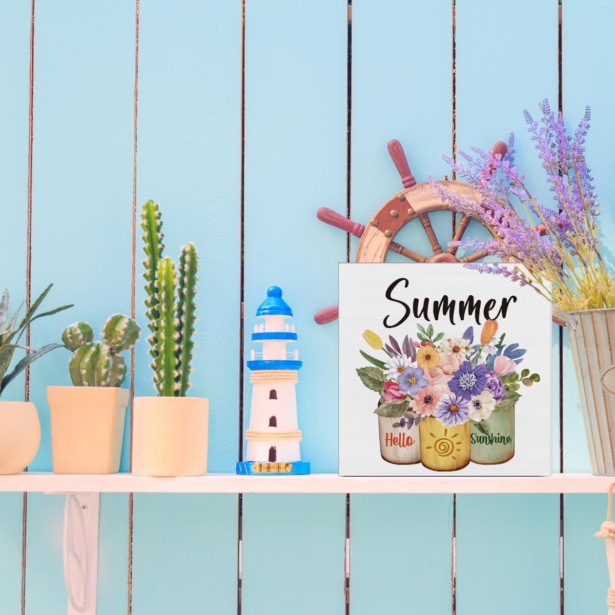Summer Decor Farmhouse Summer Decorations Hello Sunshine Wooden Sign Rustic Home Decor 5 x 5 Inches
