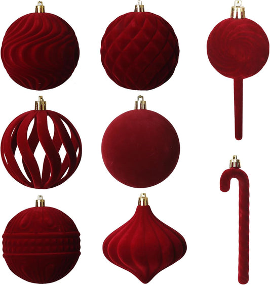 Senjie 63 PCS Velvet Ornaments Balls Sets for Christmas Tree Bulk Red Flocked Christmas Balls Assortment for Xmas Tree Holiday Decor