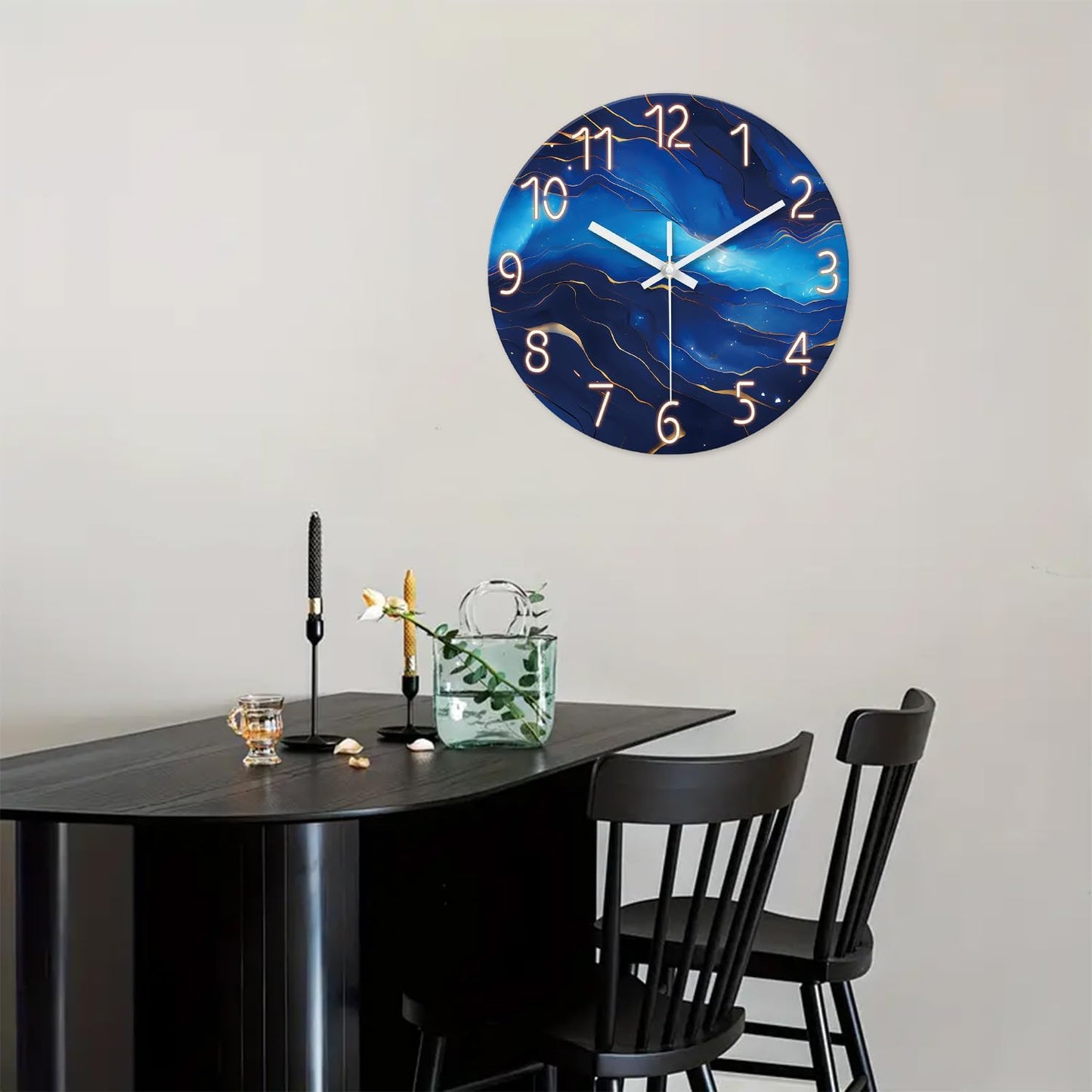 Blue Glass Wall Clocks Battery Operated 20 Inch Marble Large Wall Clocks for Living Room Round Non Ticking Wall Clock Silent