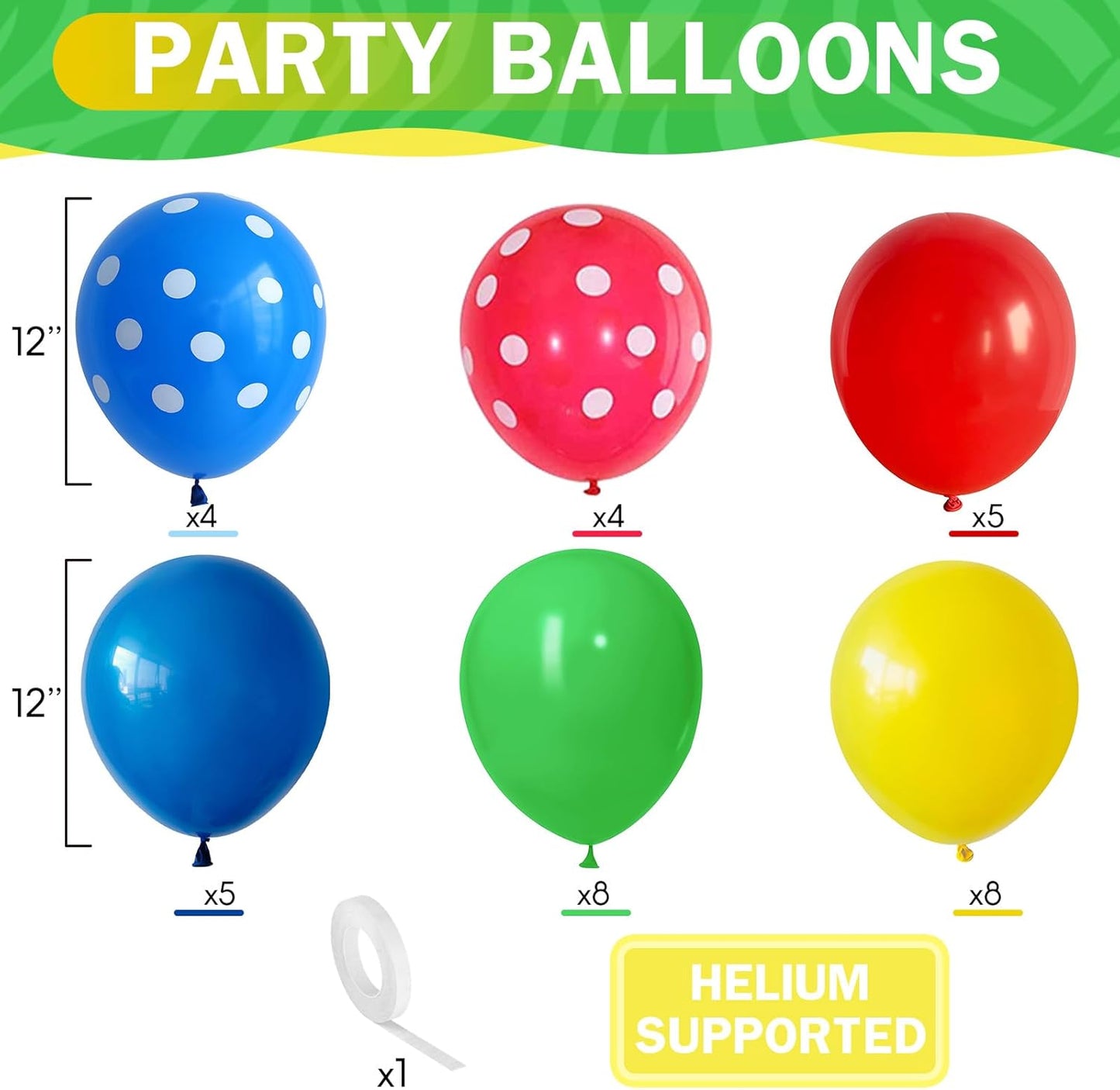 Red Blue Green Yellow Balloons 12 Inch Assorted Rainbow Latex Balloons Primary Color Red Blue Yellow Green Polka Dot Colorful Balloon for Kids Birthday Baby Shower Carnival Circus Party Decor