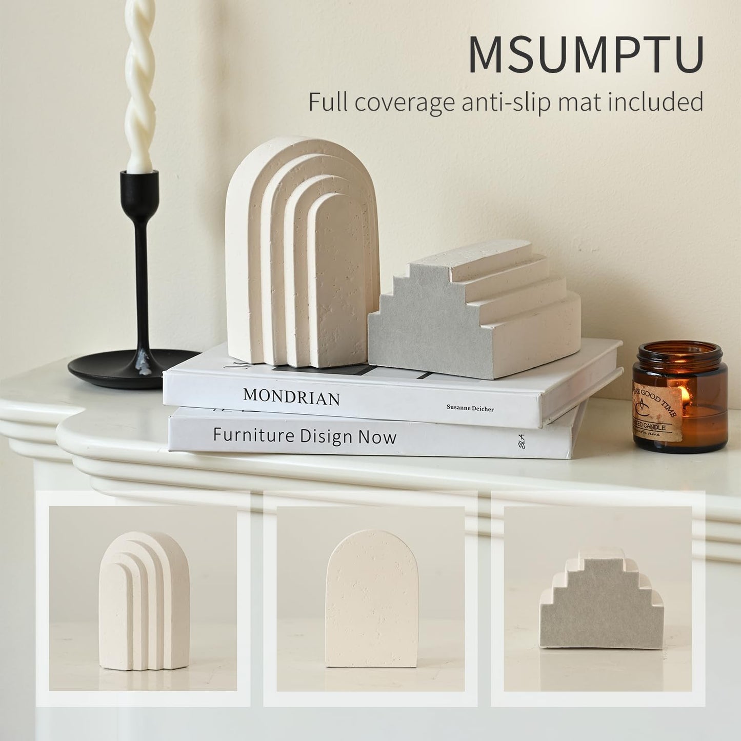 Decorative Bookends for Shelves, Set of 2 Book Ends for Heavy Books, Layered Arch Design Beige Bookend