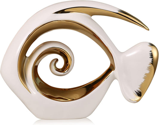 White Gold Ceramic Fish Figurines - Coastal Home Decor, Modern Ocean Centerpieces for Living Room, Dining Area, Bathroom, Office, Coffee Table, Beach House, Nautical, Seaside, Entrance, Shelf Display