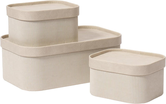 La Jolie Maison Fluted Cardboard Storage Baskets with Leather-Like Lids, Sturdy Stackable Paper Boxes Decorative Tray,Set of 3 Ivory