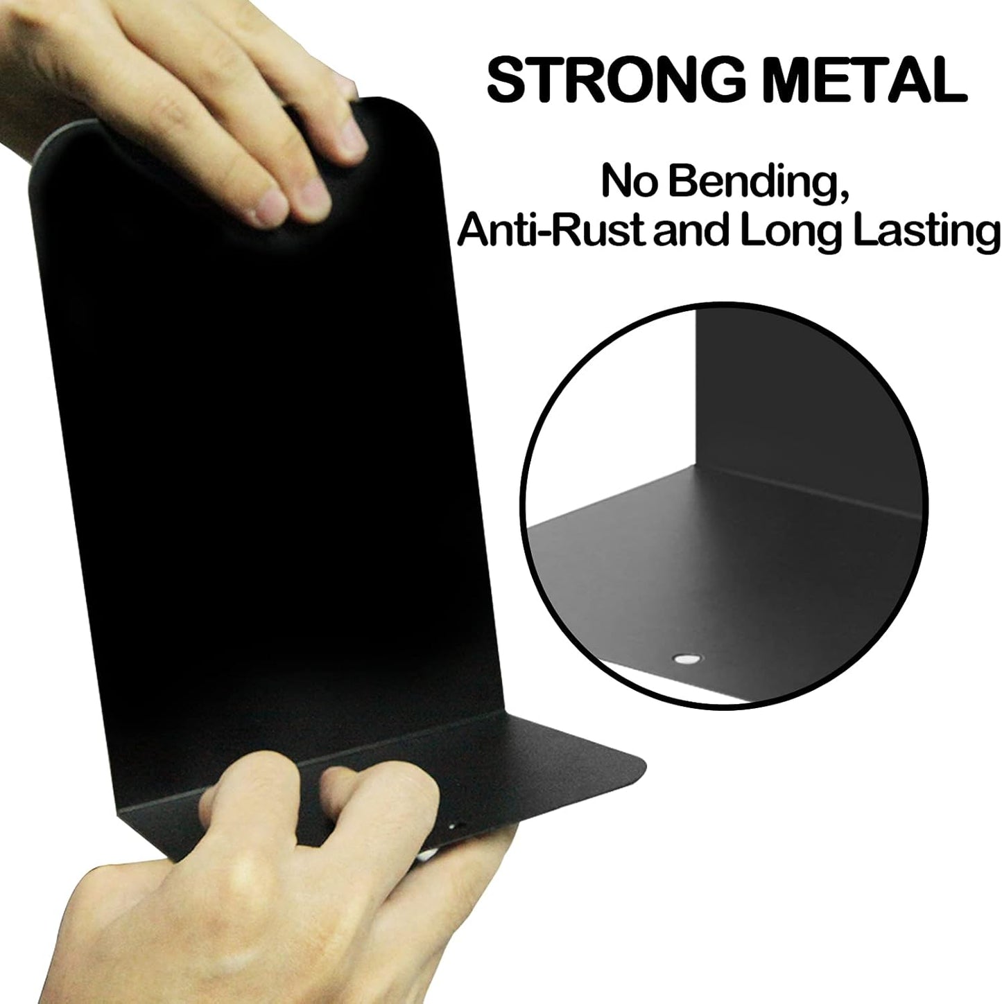 VONDERSO Metal Bookends, 4 Pairs Black Metal Book Ends Heavy Duty for Shelves Decor Home Office, Unique Black Bookends Supports Anti-Slip for Kids