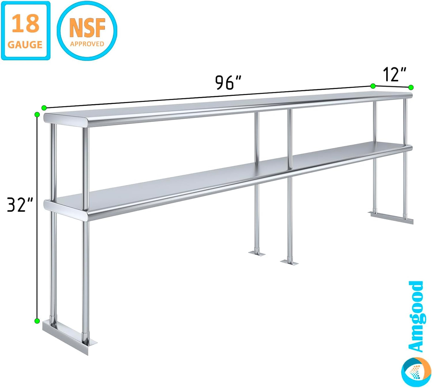 AmGood Double OverShelf Stainless Steel NSF - Many (96" Long x 12" Deep)