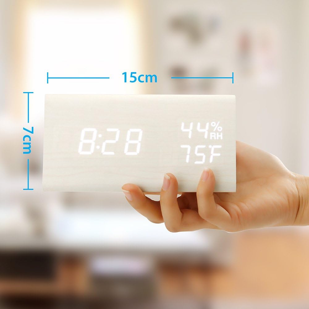 OCT17 Wooden Alarm Clock, Wood Alarm Clock Smart LED Digital Clock for Bedroom/desks, Upgraded with Time Temperature, Adjustable Brightness and Voice Control, Humidity Displaying - White