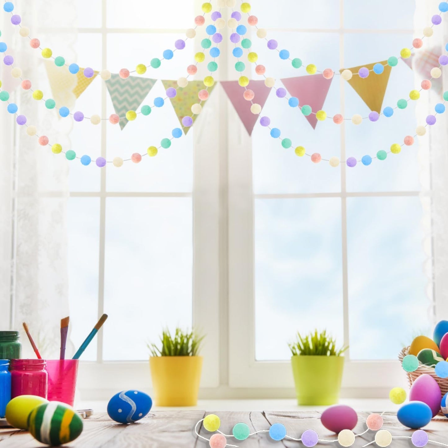 3pk Pastel Pom Pom Garland Easter Decorations Spring Home Decor Indoor Living Room Wall Classroom Xmas Tree, Cute Hanging Rainbow Colorful Felt Ball Garland Baby Shower Wedding Birthday Party Supplies