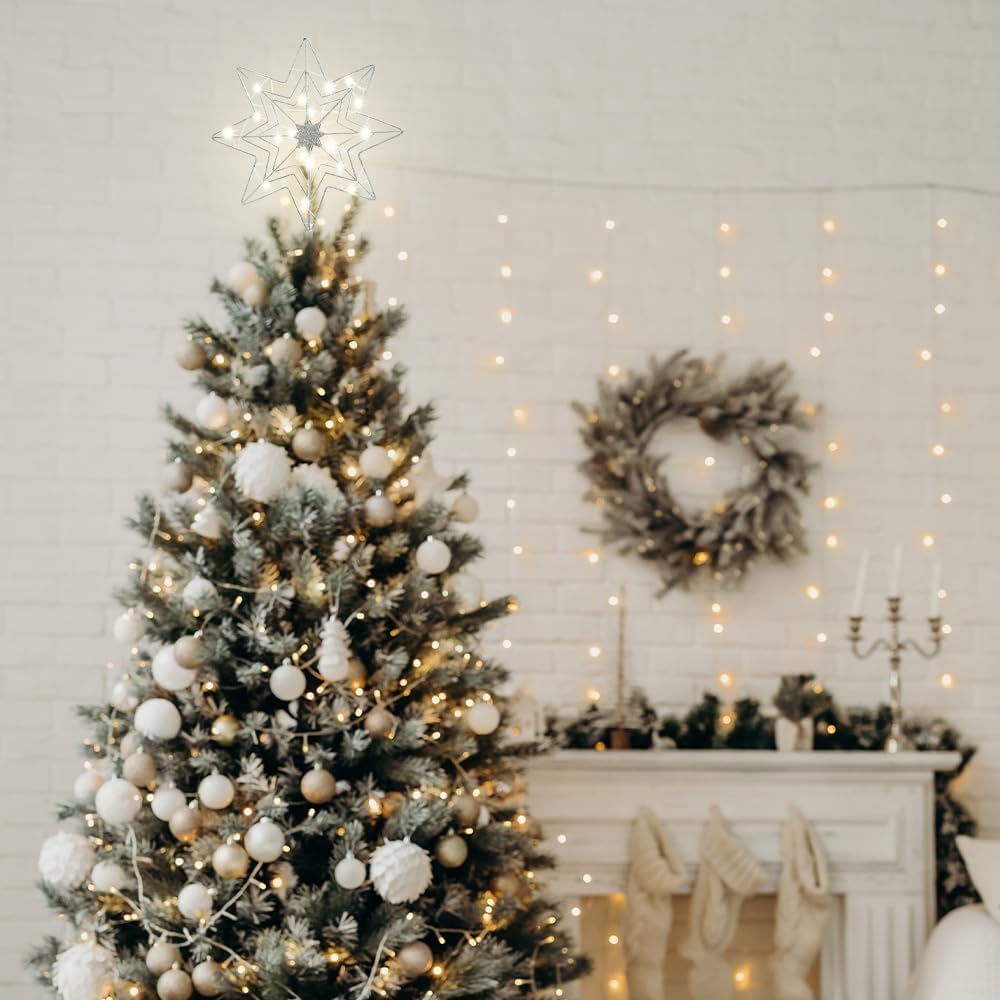 hogardeck Christmas Tree Topper, Glittered Silver 8-Pointed Star Tree Topper for Christmas Treetop, 20 LED Timer Sparkling Tree Toppers for Christmas Tree Decorations