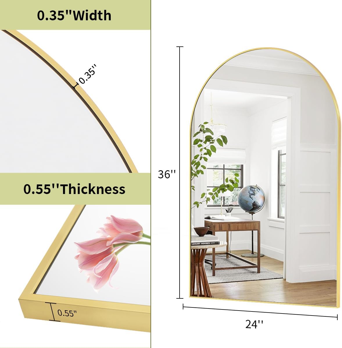 BEAUTYPEAK 24"x36" Arch Bathroom Mirror, Wall Mounted Vanity Metal Frame Mirror for Bedroom, Entryway, Living Room, Gold