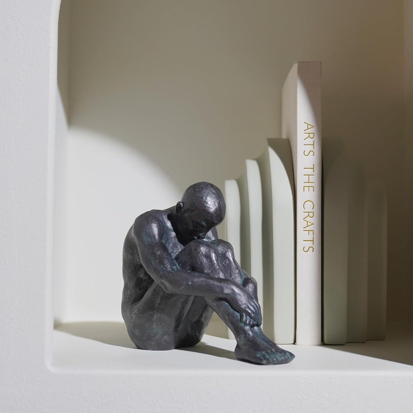 Guichifun Sitting Man Sculptures Home Decor - Resin Bronze Male Holding Arms Legs Lonely Statues Decorative Objects Outdoor Gift for Men 7.5 x 3.7 x 5.8 Inch