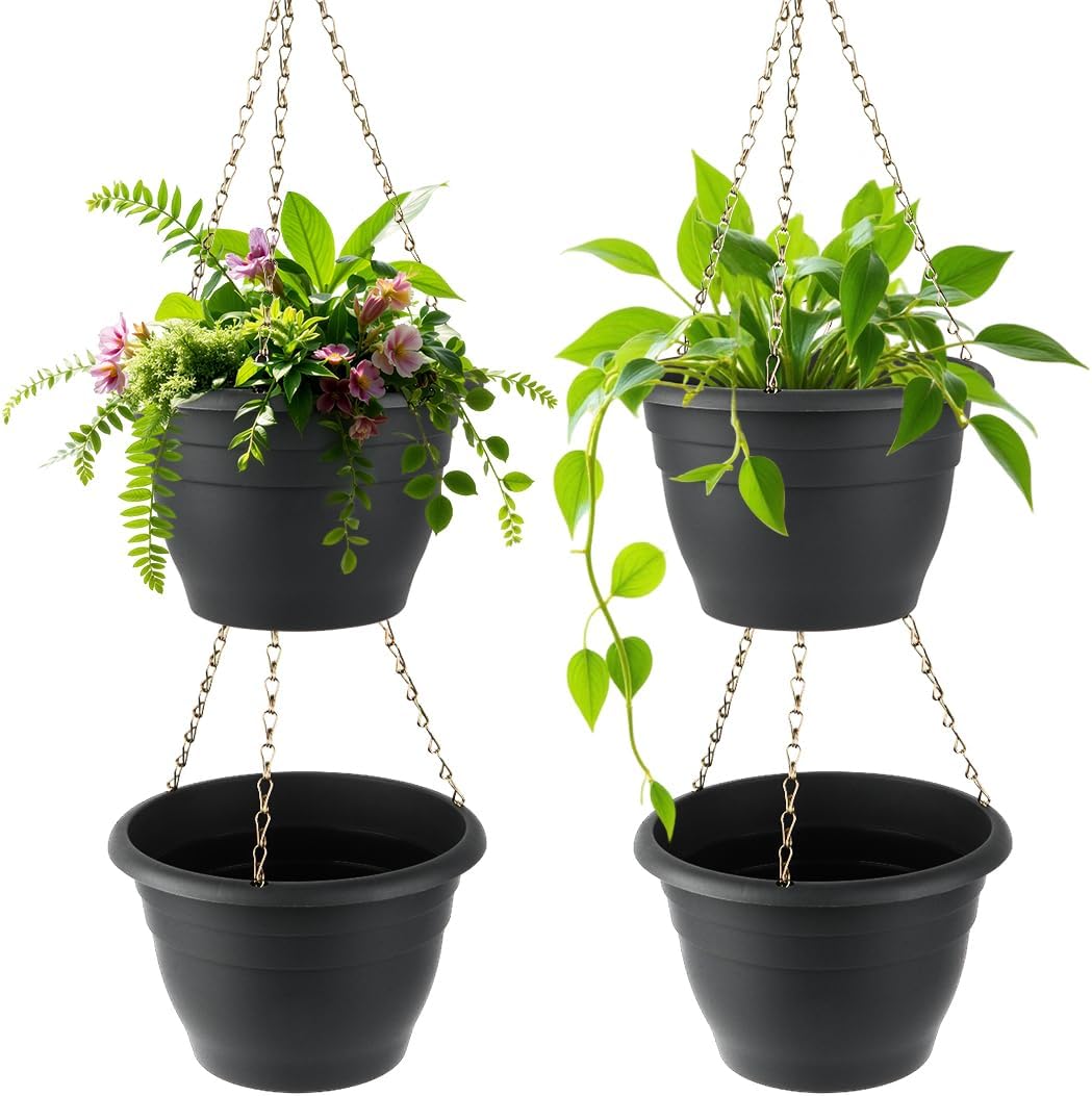 Hanging Planters 10 Inch, 4 Pcs Flower Pots with Drainage Hole, Self Watering Hanging Basket for Indoor Outdoor Plants, Decor, Gray