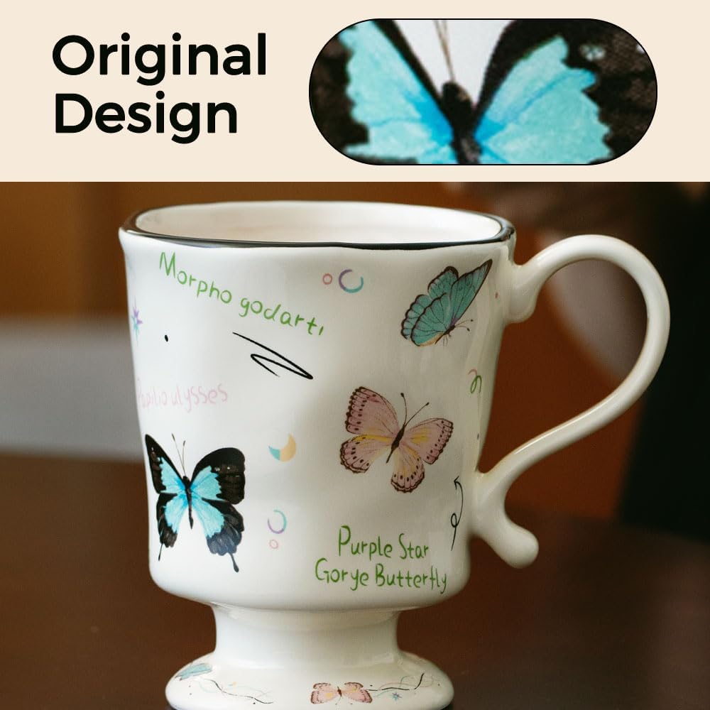 360ml -12.17oz Painted Butterfly Ceramic Mug - Cute Coffee Cup for Latte, Espresso - Gift for Women, Dishwasher Safe