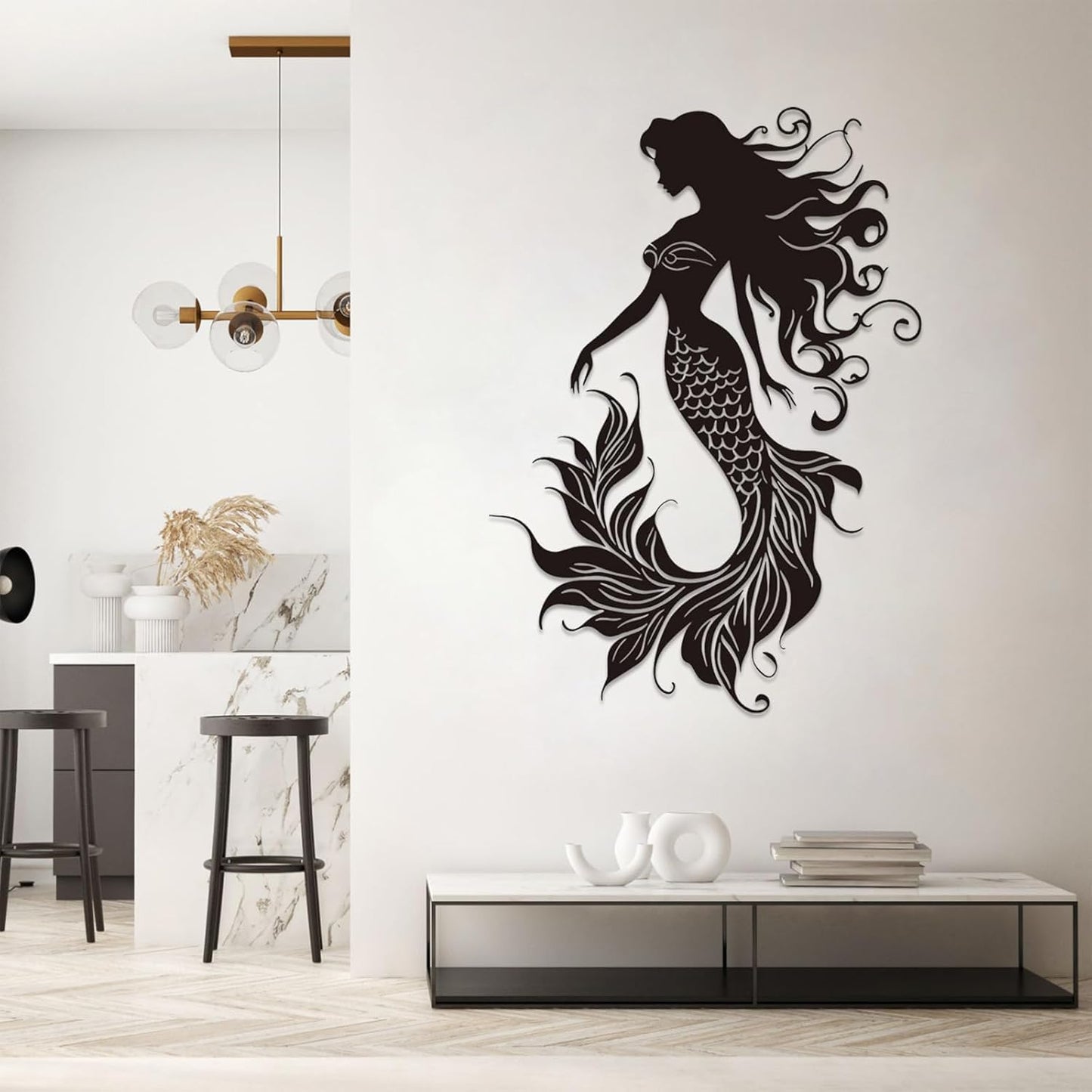Veplsur Mermaid Metal Wall Art, Metal Mermaid Wall Decor, Marine Biology Wall Decor, Ocean Wall Art, Nautical Wall Hanging, Beach Hanging for Bathroom Bedroom (Black, 48"x34"|121x86cm)