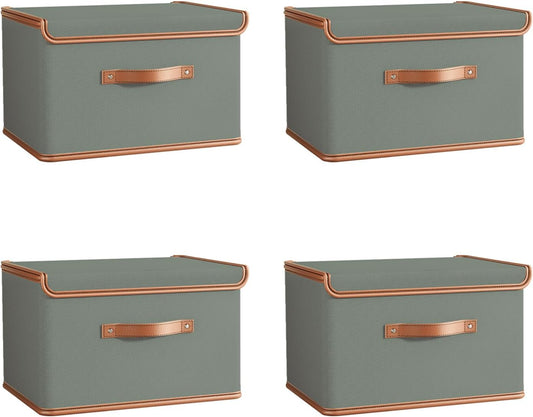 Tuza 4 Pack Storage Bins with Lids, Collapsible Closet Organizer Container, Fabric Organizer Box with Handles, Decorative Storage Boxes with Lids for Organizing Clothes, Blanket, Grey, Medium