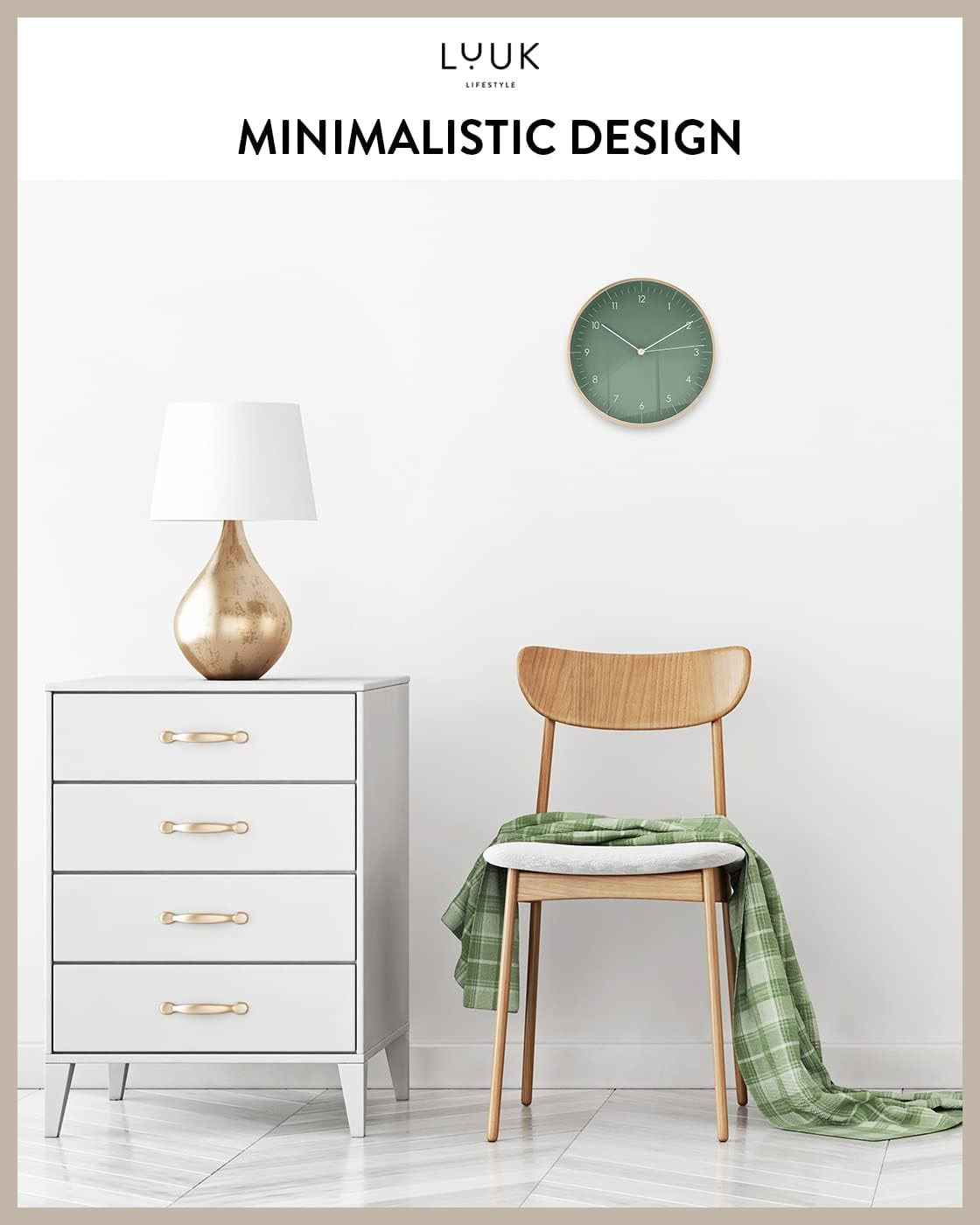 LUUK LIFESTYLE Wall Clock with Silent Movement, Without Ticking, Elegant and Functional Design, Housewarming Gift idea, Decorative, Dark Green and Gold