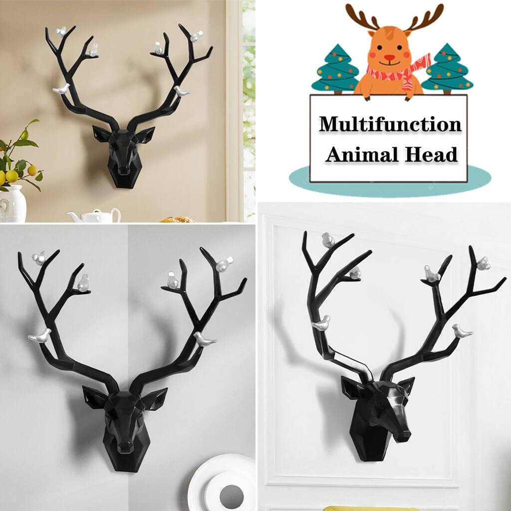 Deer Head Wall Decor Geometric Rustic Wall Mounted Deer Head, Faux Taxidermy Animal Head Wall Art Pendant, Handmade Resin Head Sculptures for Porch, Detachable Antlers, 6 Styles(Black,20.1x20.4IN)