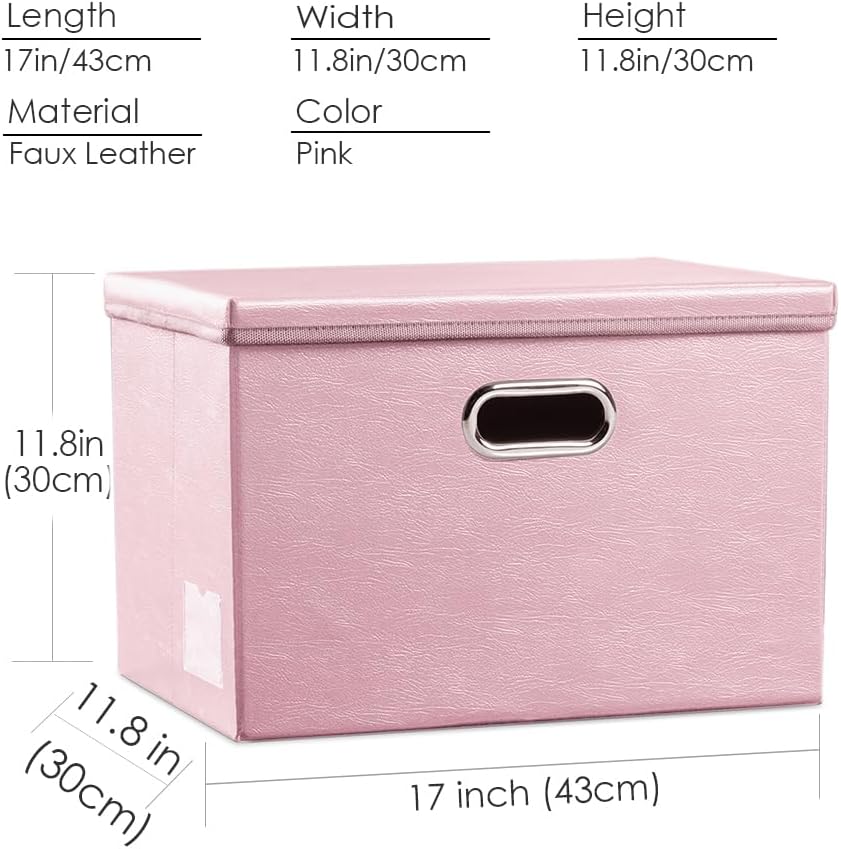 PRANDOM Large Stackable Storage Bins with Lids [5-Pack] Leather Fabric Foldable Storage Boxes Organizer Containers Baskets Cube with Cover for Bedroom Closet Office Nursery Pink (17.7x11.8x11.8)