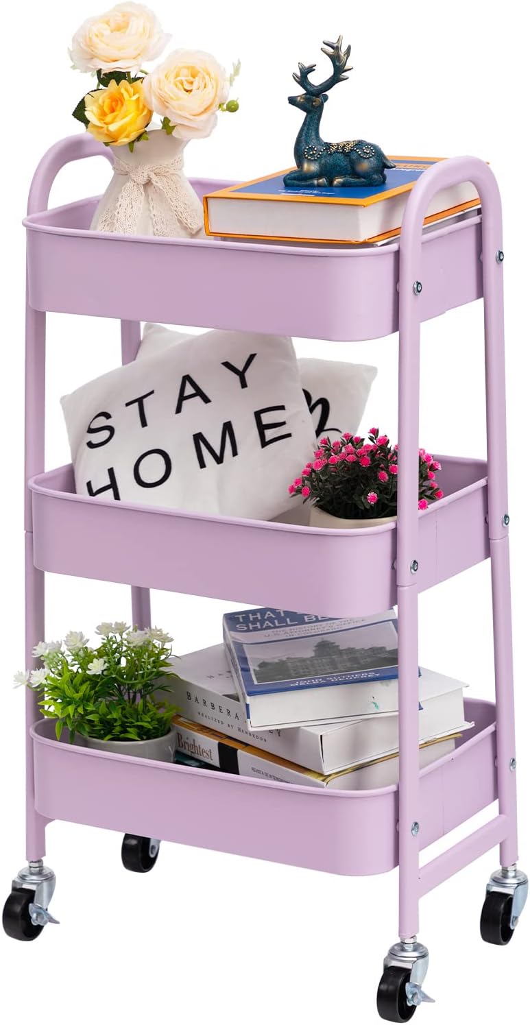 AGTEK Makeup Cart, Movable Rolling Organizer Cart, 3 Tier Metal Utility Cart with Lockable Wheels for Home & Office, Purple