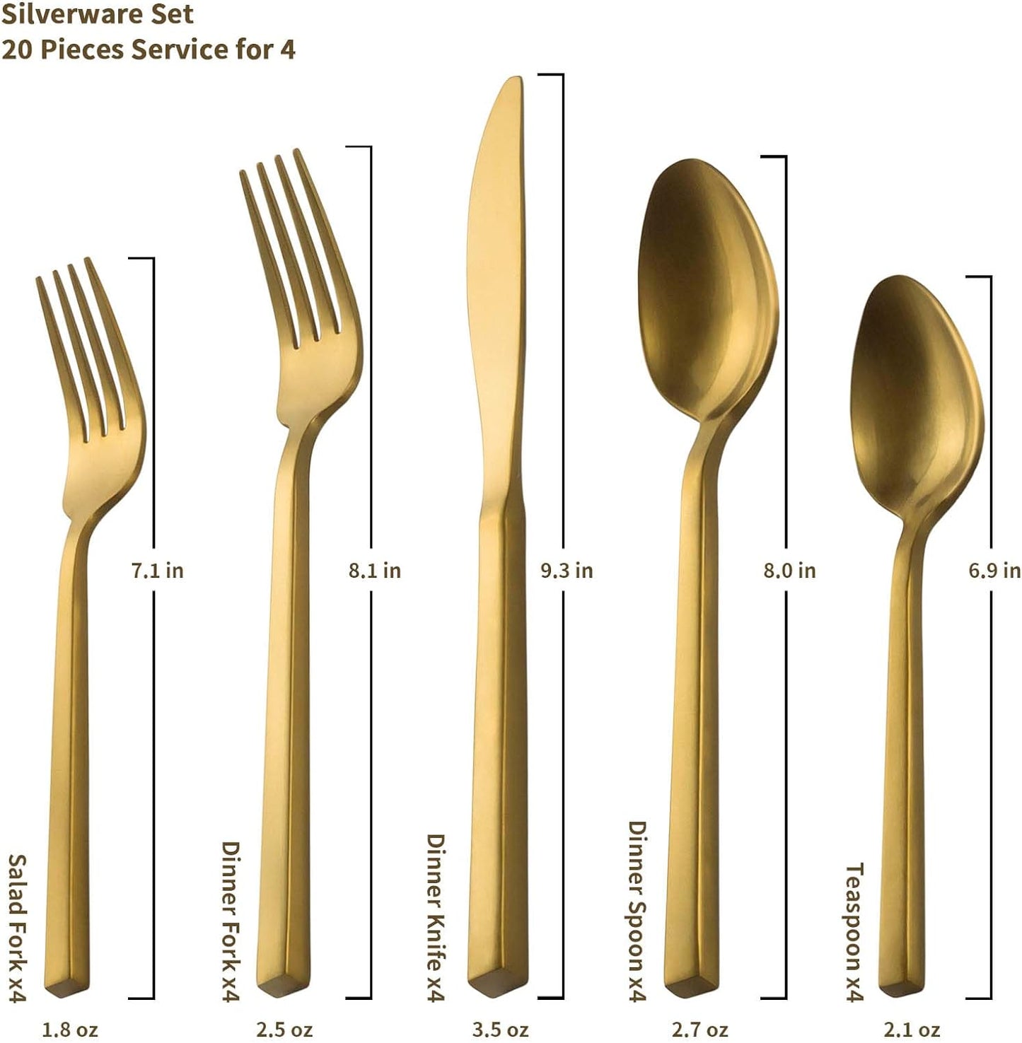 Alata Cube Gold 20-Piece Flatware Set, Forged Cutlery Set, Matte Gold Silverware Service for 4, Stainless Steel Tableware with Square Handle for Home/Restaurant, Dishwasher Safe