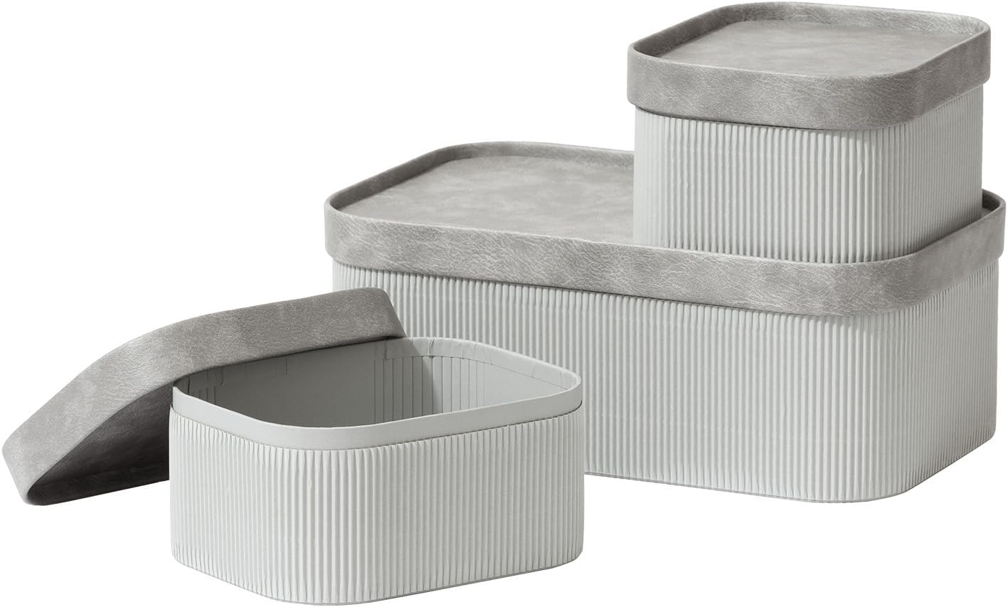 La Jolie Maison Fluted Cardboard Storage Baskets with Vegan Leather Lids, Sturdy Stackable Paper Boxes Decorative Tray, Modern Basket Organizer Bins Bathroom Bedroom Organizing, Storm Grey, Set of 3