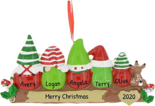 3D Gnome Family of 5 Christmas Ornament 2025 Personalized Family Christmas Ornaments 2025 | Gnomes Log Mushrooms, Deer Personalized Tree Ornaments Customizable Gifts Woodland Gnomes of Five Ornament