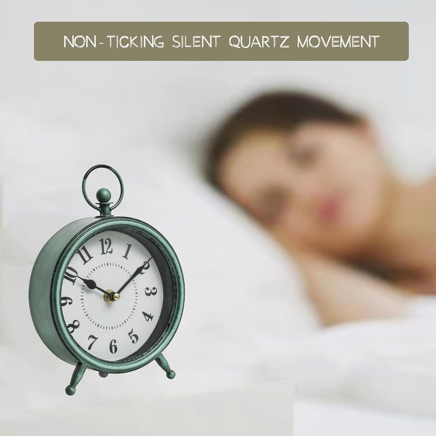 Vintage Small Rustic Green Table Clock on Stand - Decorative Desk and Shelf Clock, Battery Operated, Silent Non-Ticking Timepiece Perfect for Office, Living Room, and Bedroom Decor