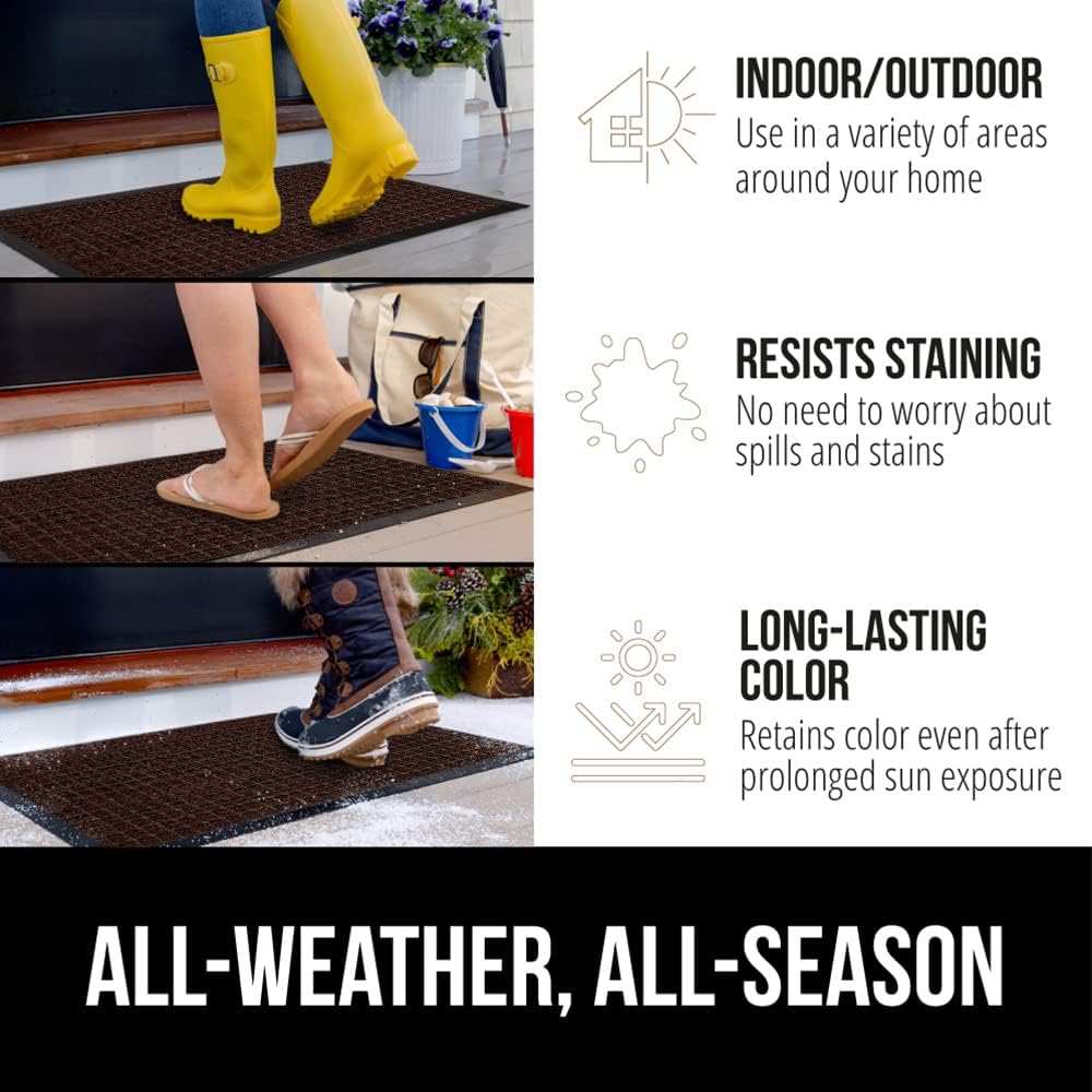 GORILLA GRIP 100% Waterproof All-Season WeatherMax Doormat, 34x58, US Designed Natural Rubber, Stain and Fade Resistant, Low Profile Indoor Outdoor Door Mats, Easy Clean Patio Mat, Coffee Squares