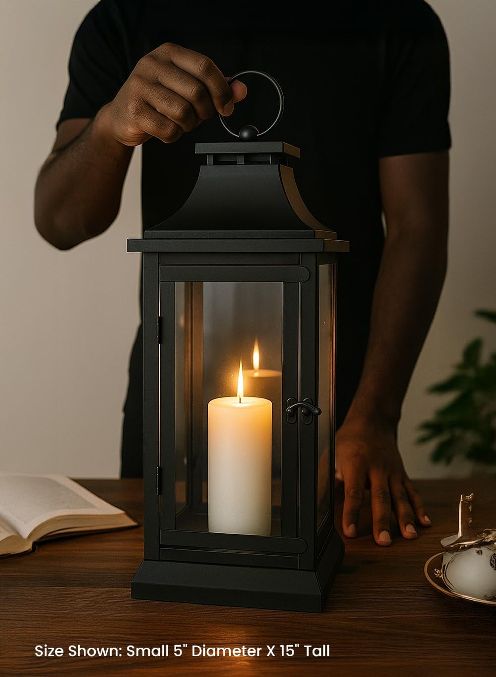 Serene Spaces Living Black Metal Hurricane Lantern with Clear Glass – 15" Tall, 5" Square. Versatile Hanging/Tabletop Candle Holder for Weddings, Parties, Indoor & Outdoor Home décor.