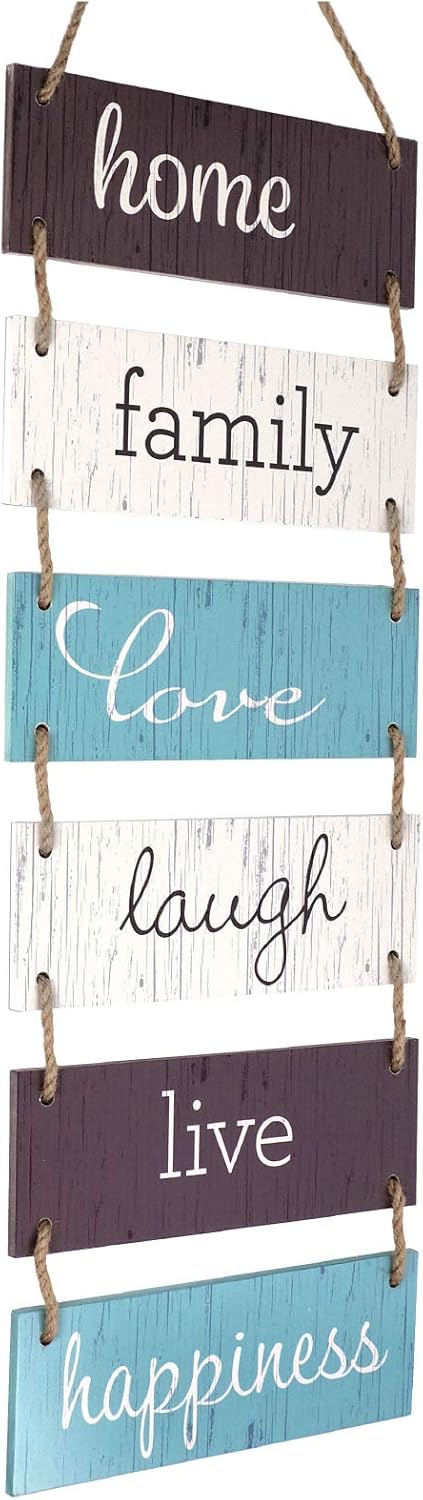 EXCELLO GLOBAL PRODUCTS Large Hanging Wall Sign: Rustic Wooden Decor (Home, Family, Love, Laugh, Live, Happiness) Hanging Wood Wall Decoration (11.75" x 32")