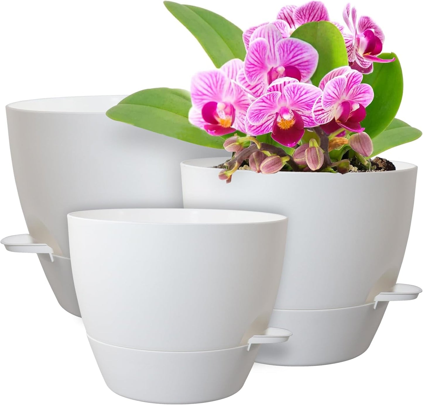 12/10/9 inch Large Self Watering Pots, Plant Pots with Mesh Drainage Holes for Indoor Outdoor Garden Plants, Flower Pots with Removable Deep Reservoir, Set of 3 Plastic Planters, White