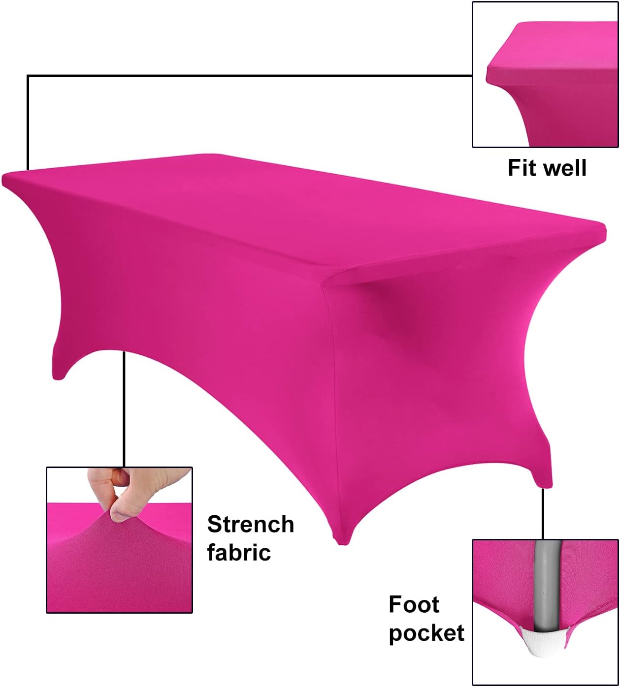 2Pack Spandex Waterproof Table Covers 8ft，Spandex 8ft Waterproof Table Cover for Party,Wedding, Banquet, and Events(Fuchsia)