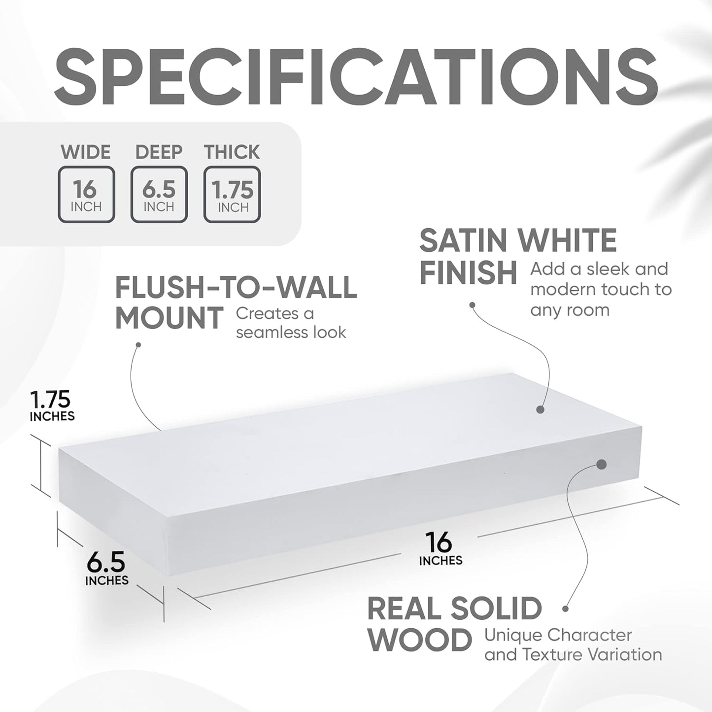 Homeforia White Floating Shelves 16 inch, High End Solid Real Wood 16inch Bathroom Floating Shelf for Wall Mounted, White Wooden 16 Floating Shelves, Heavy Duty Bracket, 16 X 6.5 X 1.75 inch, Set of 2