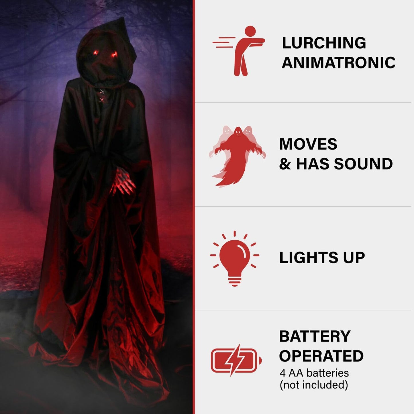 Haunted Hill Farm Motion-Activated Lurching Demon Reaper by Tekky, Lunging Scare Prop Halloween Animatronic for Indoor or Covered Outdoor Creepy Halloween Decorations, Plug-in or Battery Operated