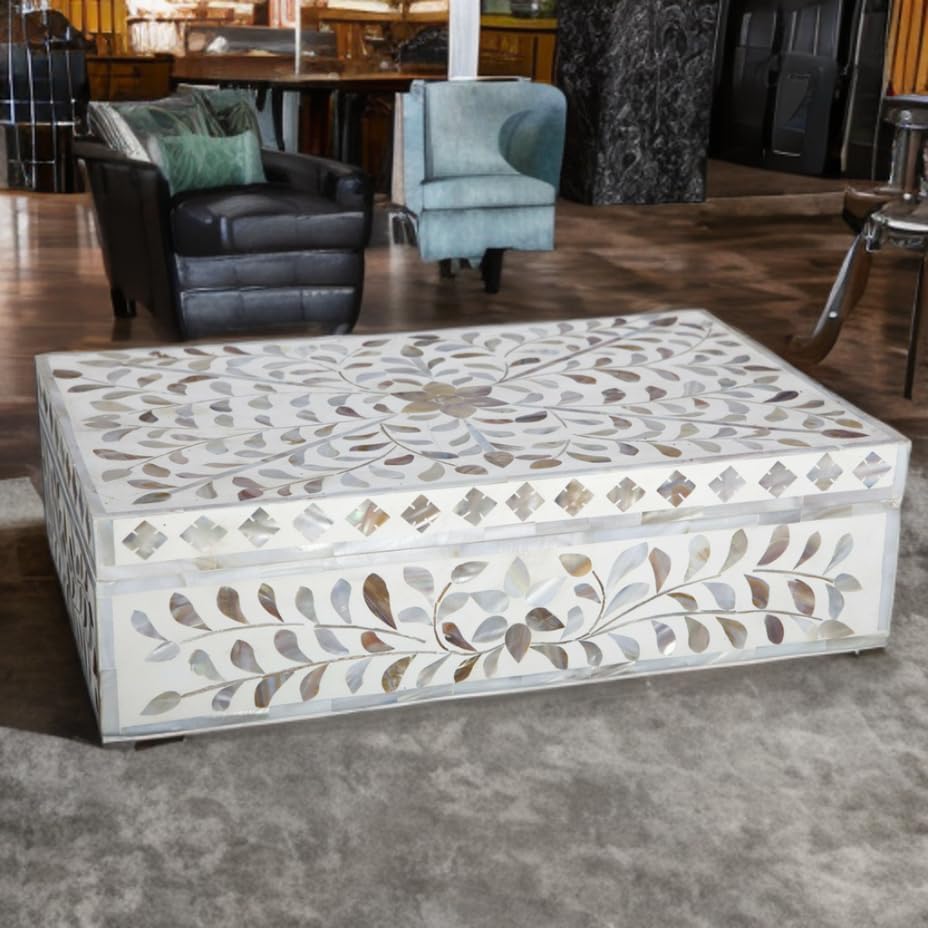 Decorative Storage Box Of Mother Of Pearl Inlay Floral Design Wooden Storage Box For Home Decoration For Living Dining & Bedroom (White_12x8x5 inch)