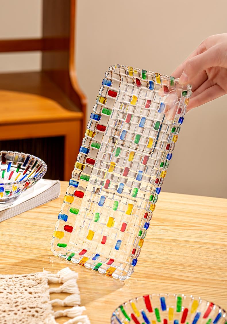 Colorful Woven Glass Decorative Crystal Bowls Sets, Hand Painted Glass Bowls and Tray Sets for Home Decor, Centerpiece for Snack, Dessert