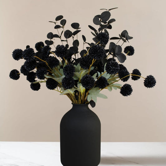 RyddeligHome Black Artificial Flowers for Centerpieces Bulk 10 Long Stems /50 Small Faux Silk Mum Balls + Black Eucalyptus Stems 2 Branches, Fall Boho Halloween Home Decor Indoor, Gothic Flowers
