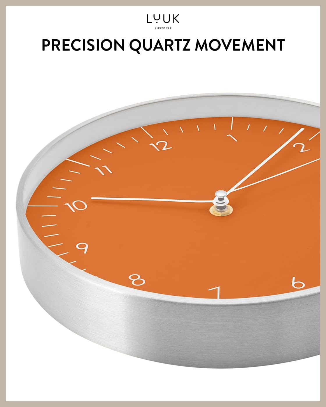 LUUK LIFESTYLE Silent Quartz Wall Clock, Modern and Minimalist Design, Without Ticking, 10” Kitchen Clock, for Living Room, Bedroom, Housewarming Gift, Orange and Silver