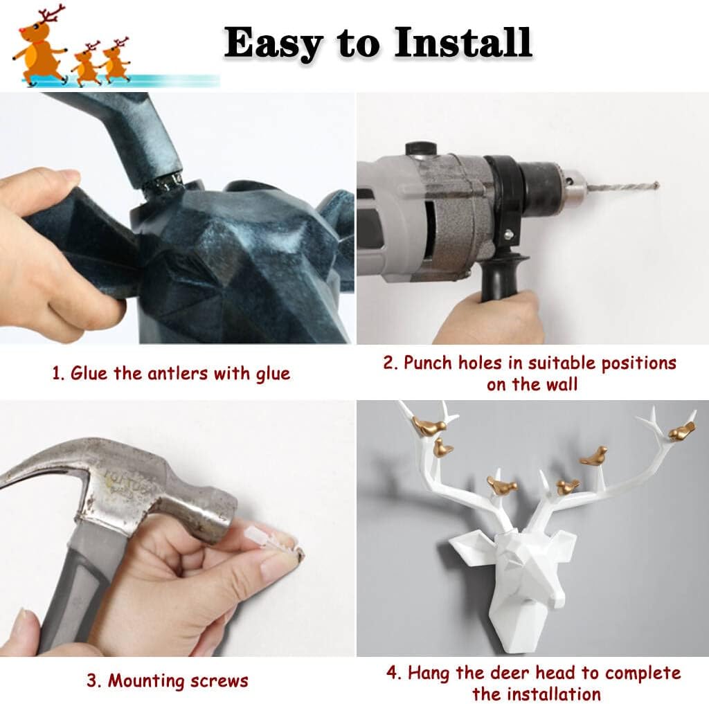 Deer Head Wall Decor Geometric Rustic Wall Mounted Deer Head, Faux Taxidermy Animal Head Wall Art Pendant, Handmade Resin Head Sculptures for Porch, Detachable Antlers, 6 Styles(White,20.1x20.4IN)