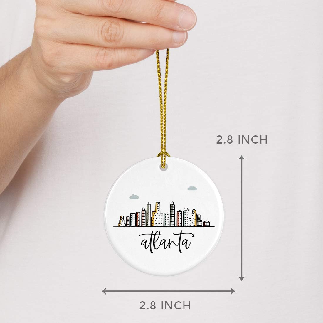 Andaz Press Round Ceramic Porcelain Christmas Tree Ornament, Atlanta Colorful City Skyline Graphic, 1-Pack Birthday Ideas Family Coworker Gift, Includes Gift Box